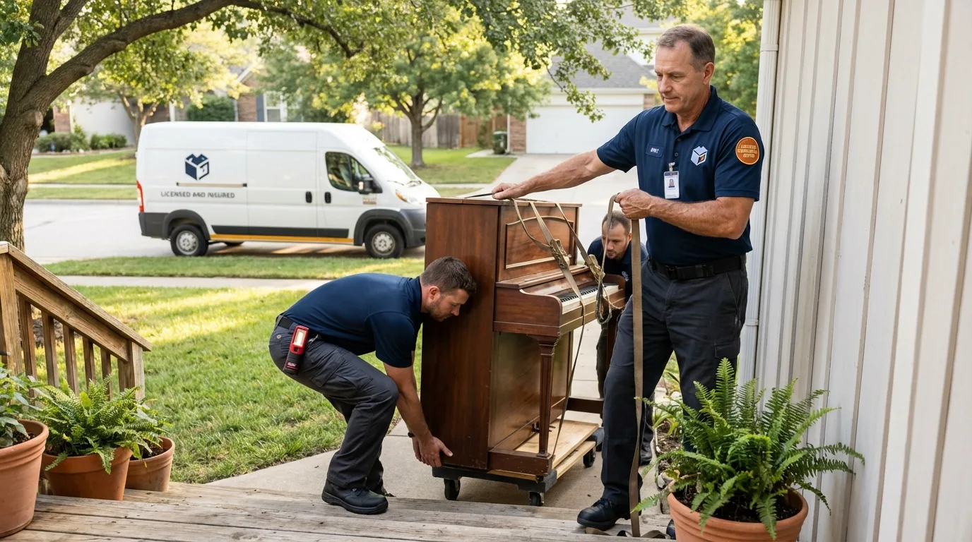 Licensed piano movers securing grand piano in Ashton, ID