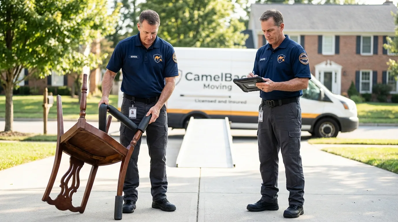 Movers inspecting furniture for damage prevention before loading in Ashton, ID