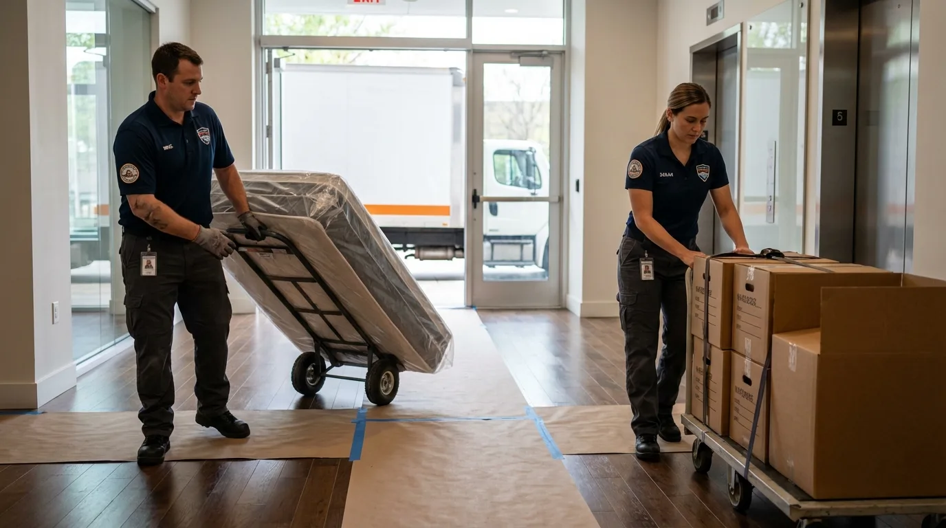 Professional apartment movers loading elevator in Ashton, ID